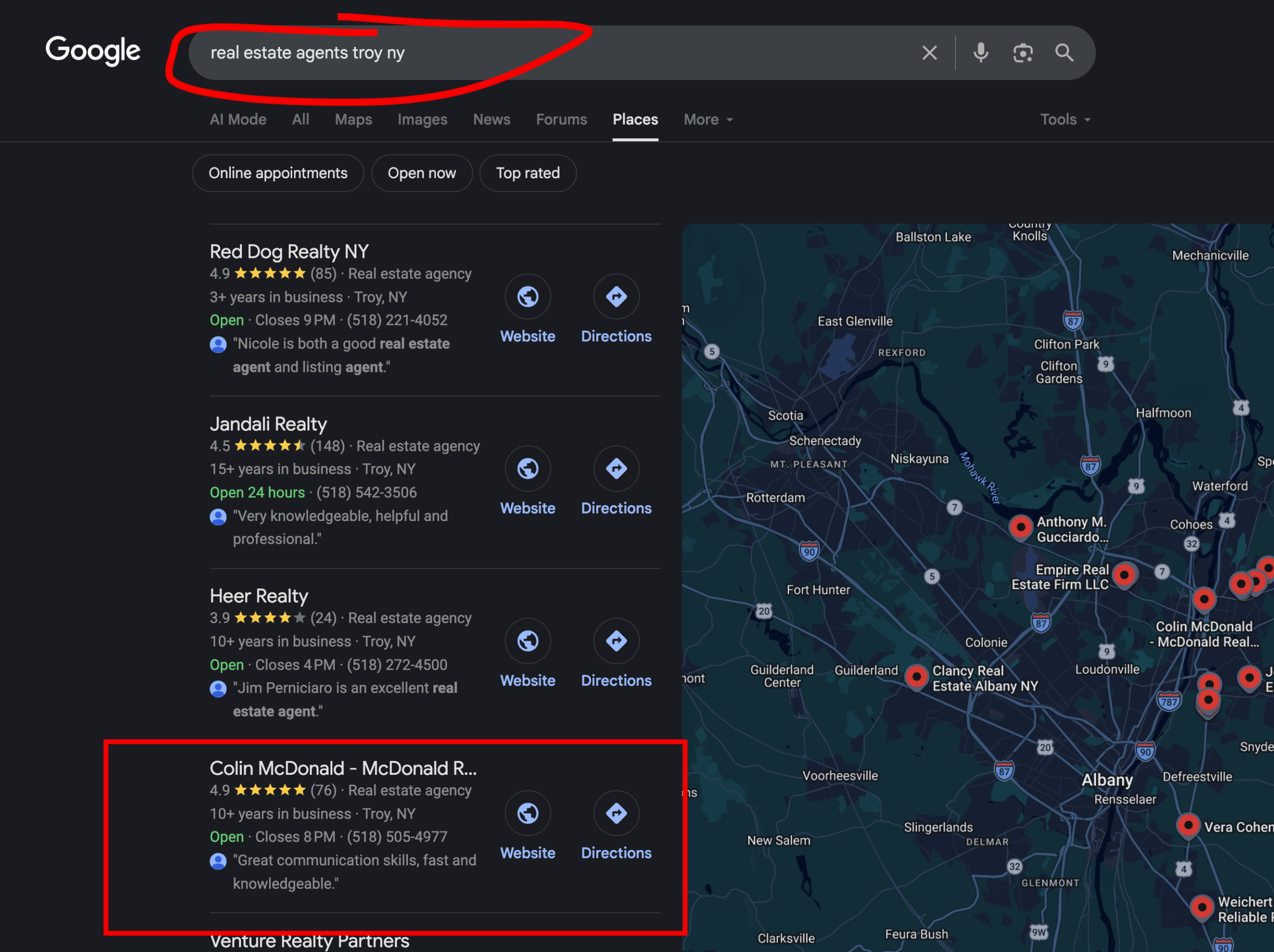 Google local pack showing Colin McDonald / McDonald Real Estate ranked for 'real estate agents troy ny'