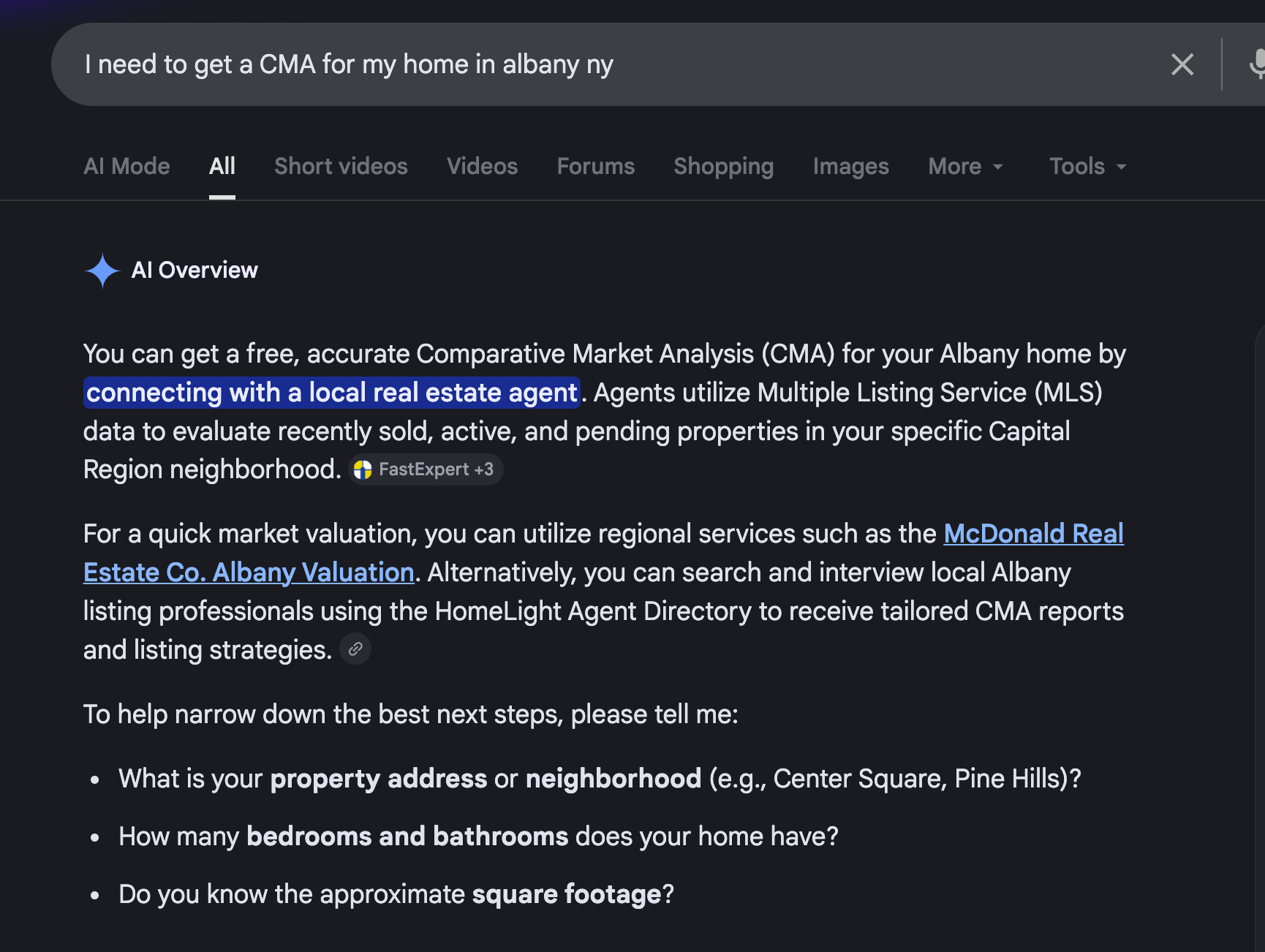 Google AI Overview citing McDonald Real Estate for 'I need to get a CMA for my home in albany ny'