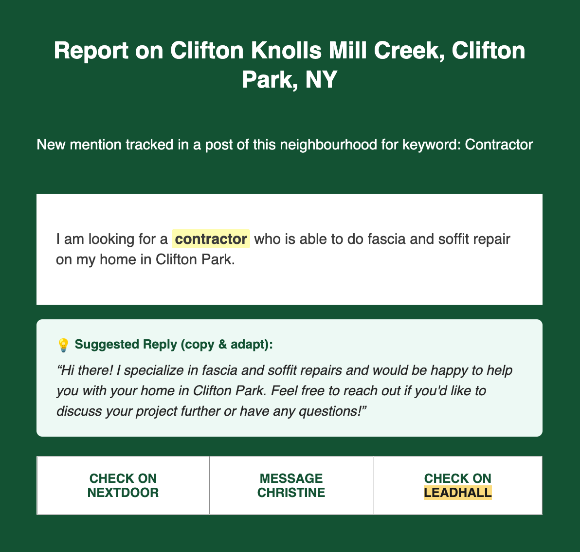 Sample lead alert: a Clifton Park, NY homeowner looking for a contractor, with a suggested reply and a button to message the poster