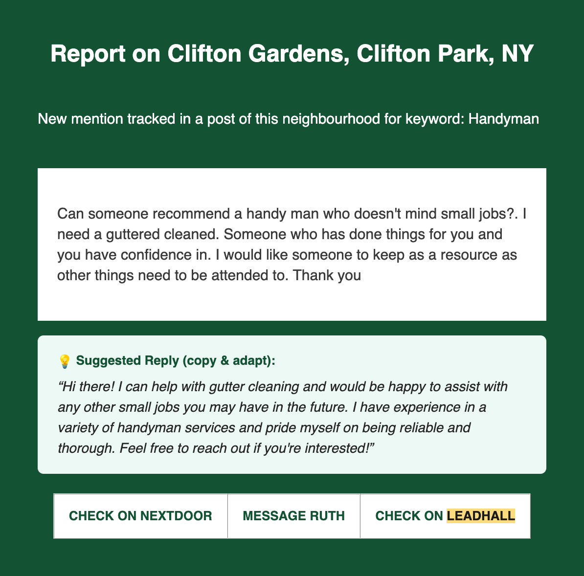 Lead alert from Clifton Park, NY: a neighbor asking for a handyman to clean gutters and handle small jobs