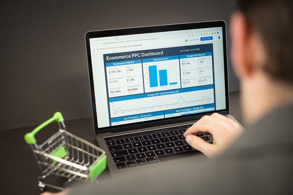 Person reviewing a marketing performance dashboard with charts on a laptop screen
